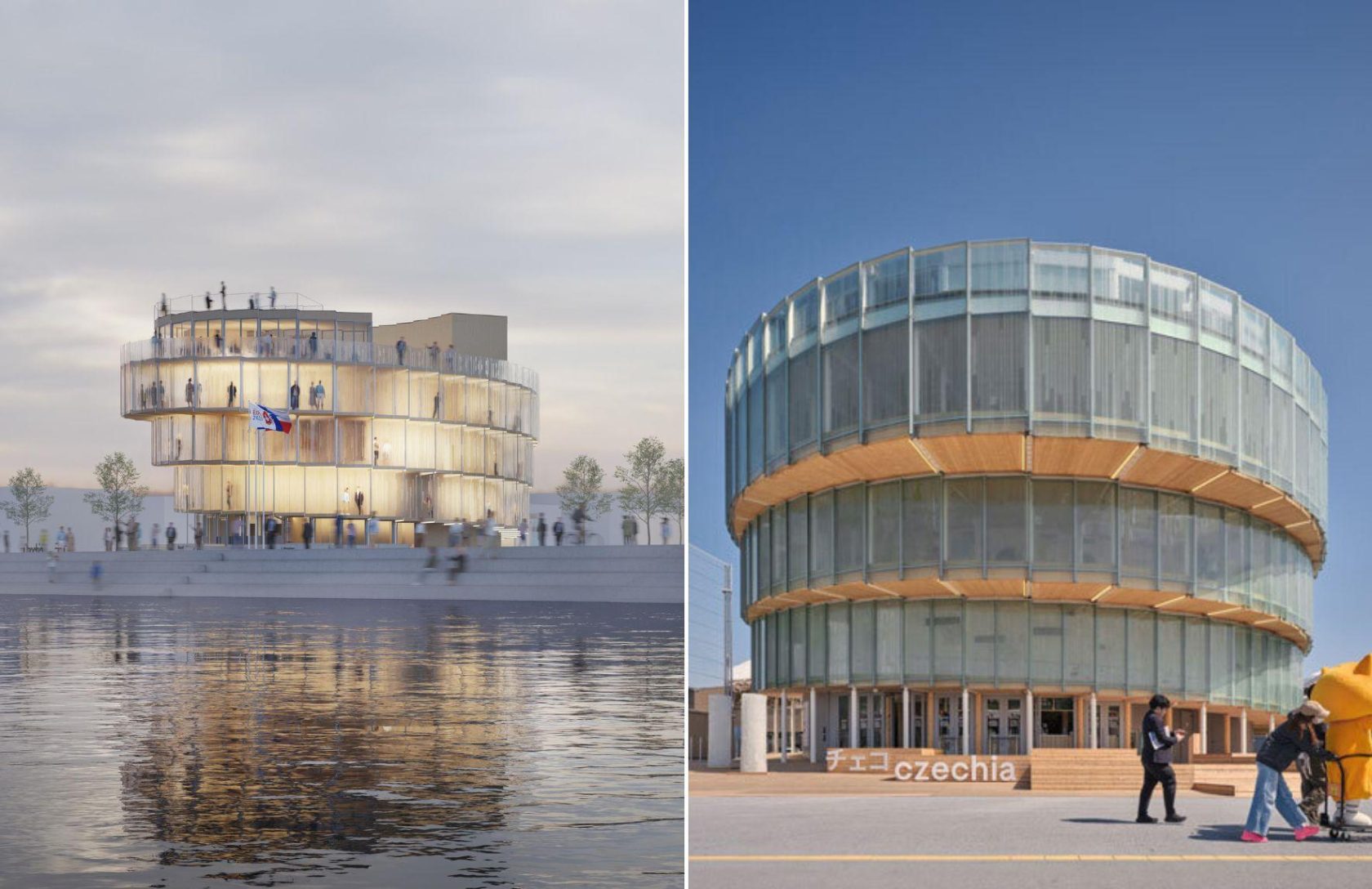 Podoba pavilonu na vizualizaci a po jeho výstavbě